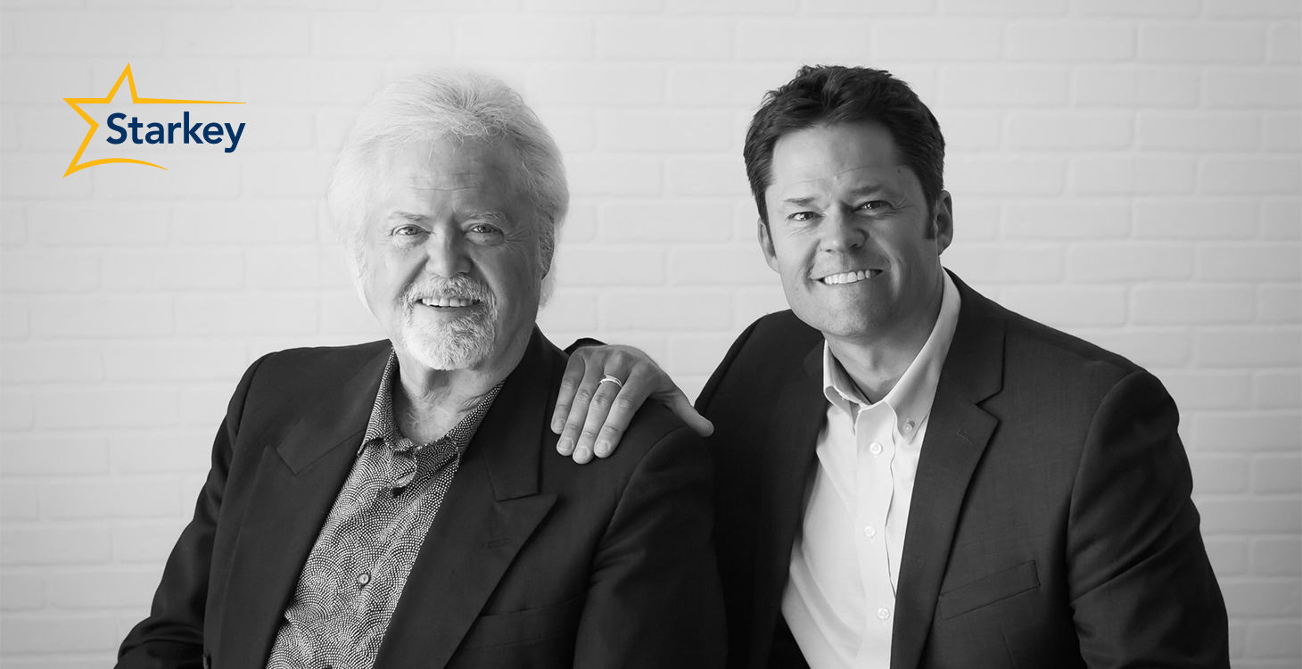 Black and white image of father and son Merrill Osmond and Justin Osmond